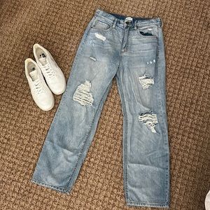 Sneak Peek high waisted, distressed mom, jeans. Light denim